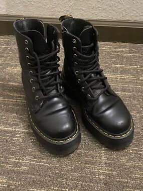 Dr. Martens Black Lace-Up Combat Boots with Yellow Stitching Size 6 Platform